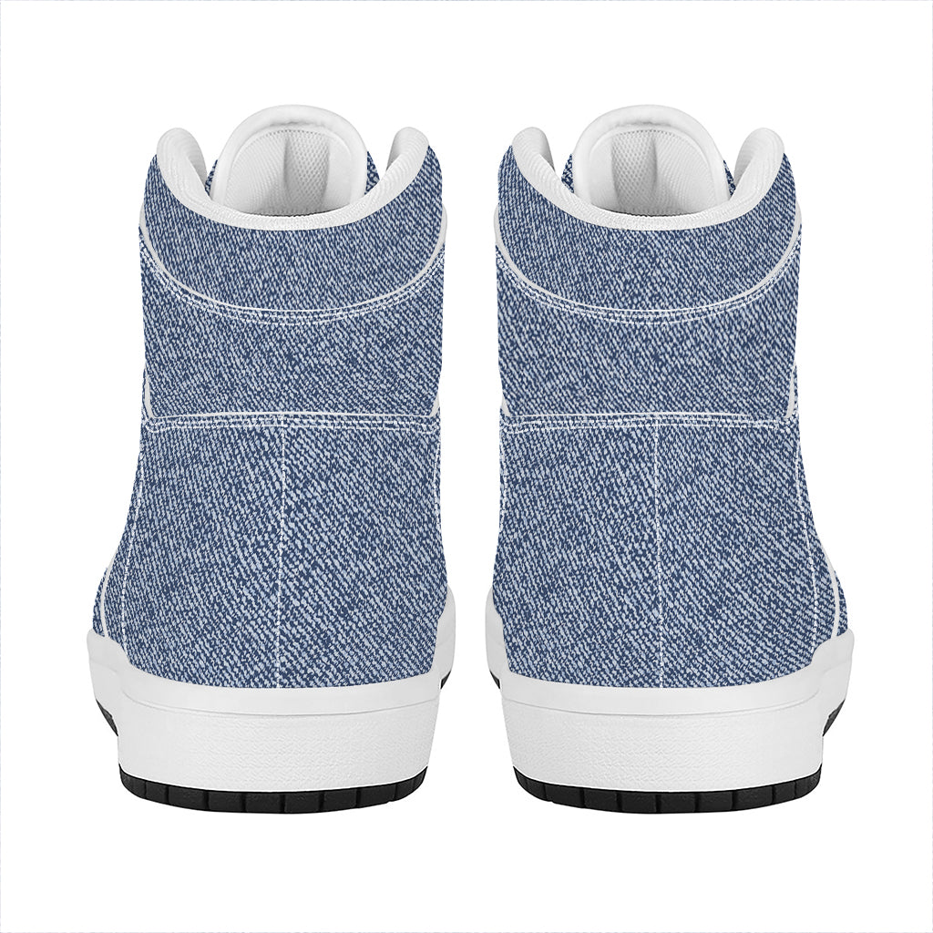 Blue Denim Jeans Pattern Print High Top Leather Sneakers