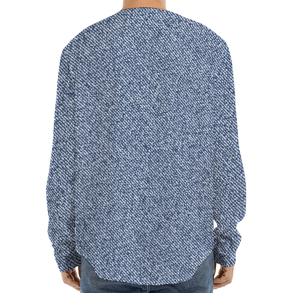 Blue Denim Jeans Pattern Print Long Sleeve Baseball Jersey