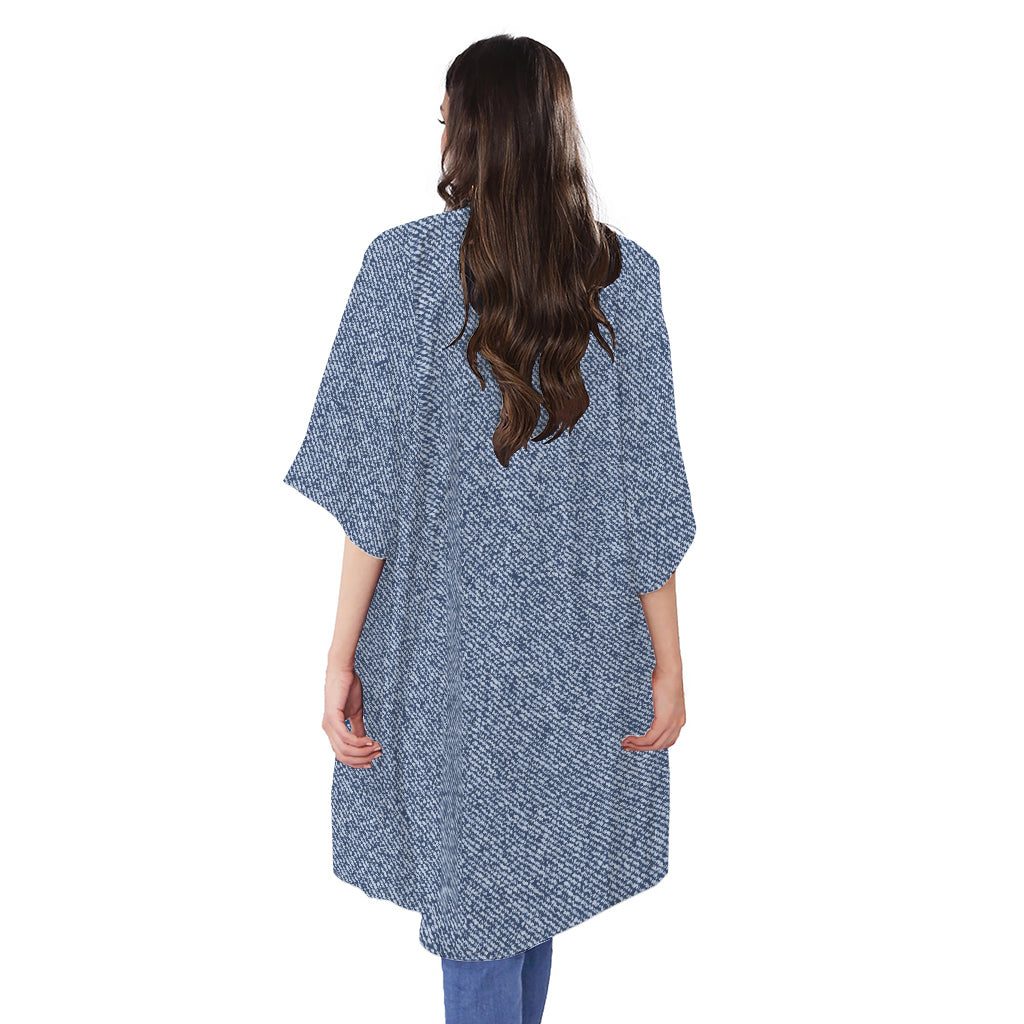 Blue Denim Jeans Pattern Print Open Front Beach Cover Up