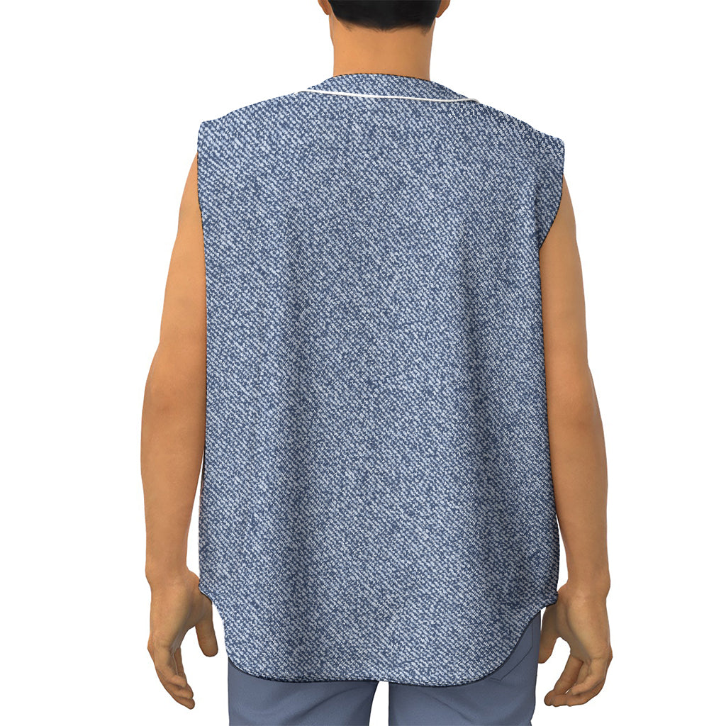 Blue Denim Jeans Pattern Print Sleeveless Baseball Jersey