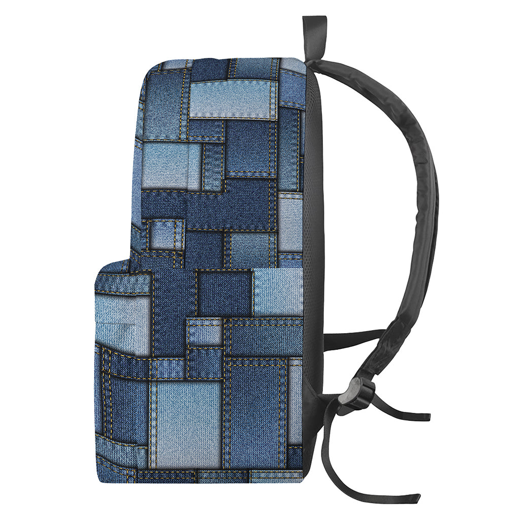 Blue Denim Patchwork Pattern Print Backpack