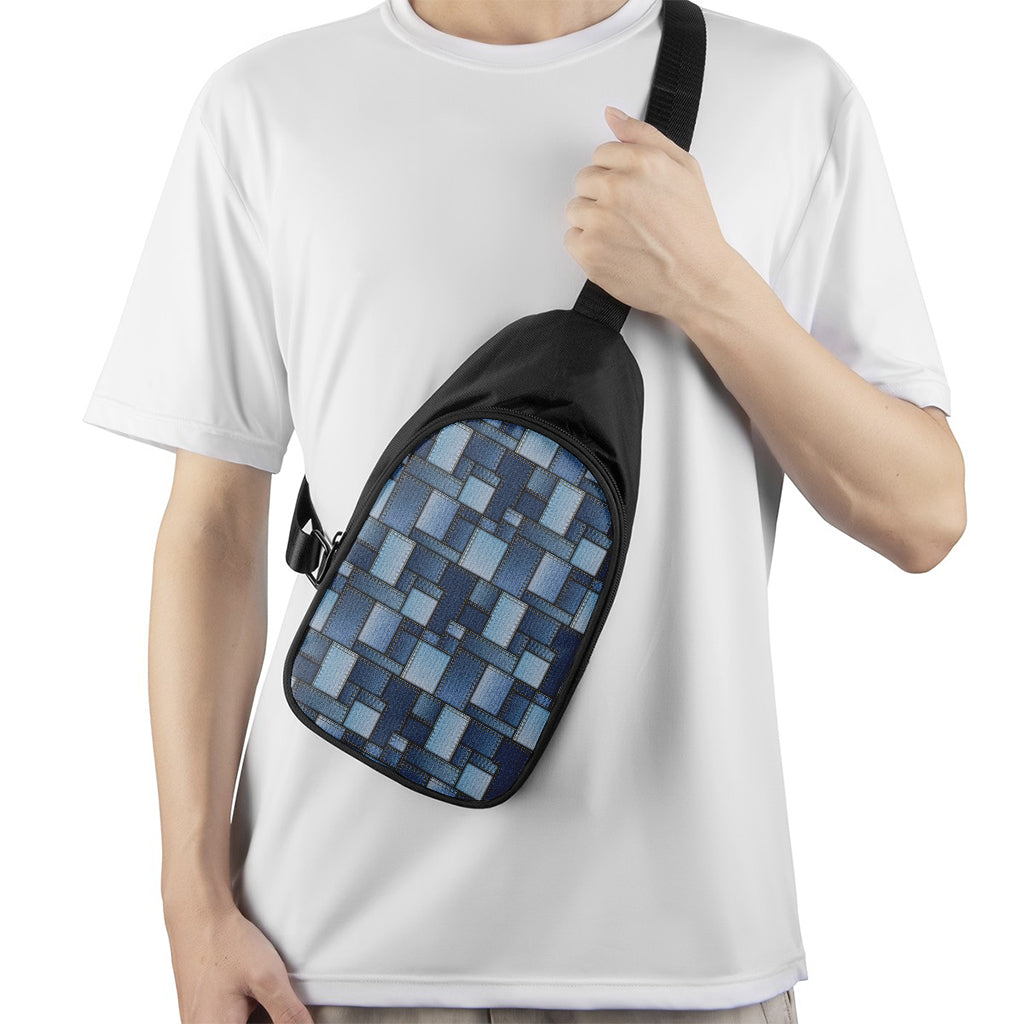 Blue Denim Patchwork Pattern Print Chest Bag