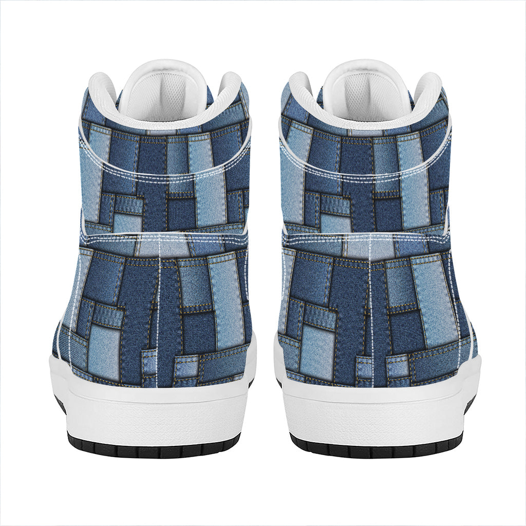 Blue Denim Patchwork Pattern Print High Top Leather Sneakers