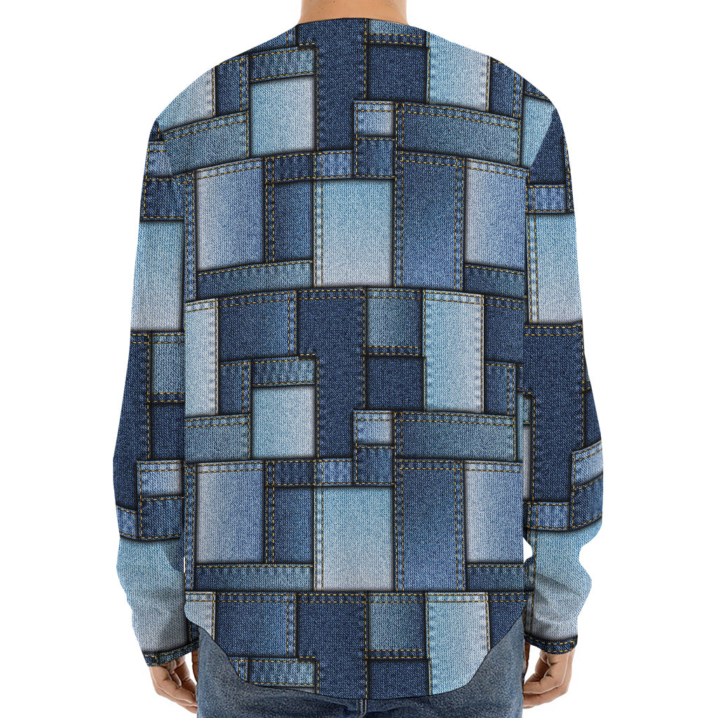 Blue Denim Patchwork Pattern Print Long Sleeve Baseball Jersey