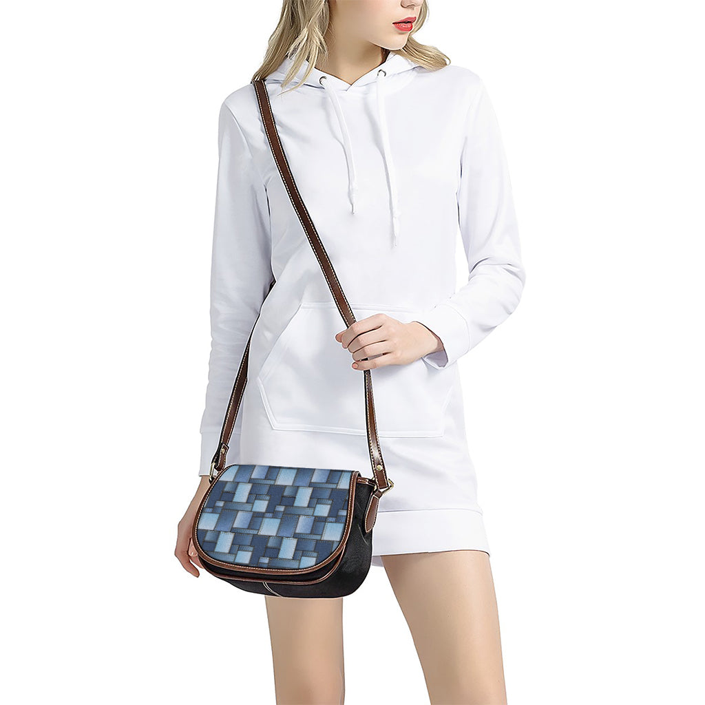Blue Denim Patchwork Pattern Print Saddle Bag