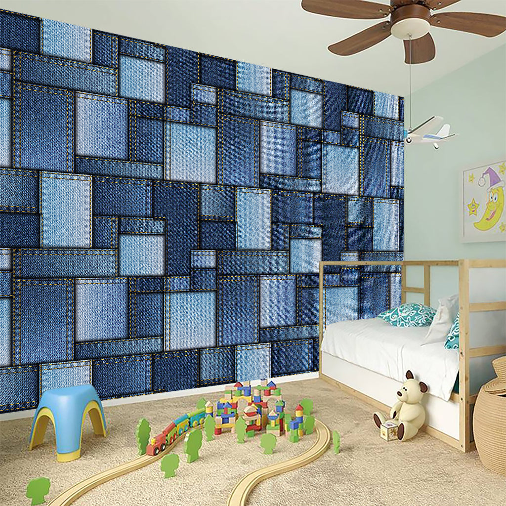 Blue Denim Patchwork Pattern Print Wall Sticker