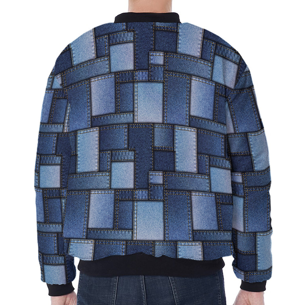Blue Denim Patchwork Pattern Print Zip Sleeve Bomber Jacket