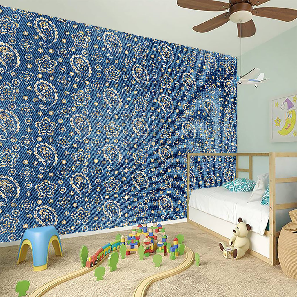 Blue Denim Western Paisley Print Wall Sticker