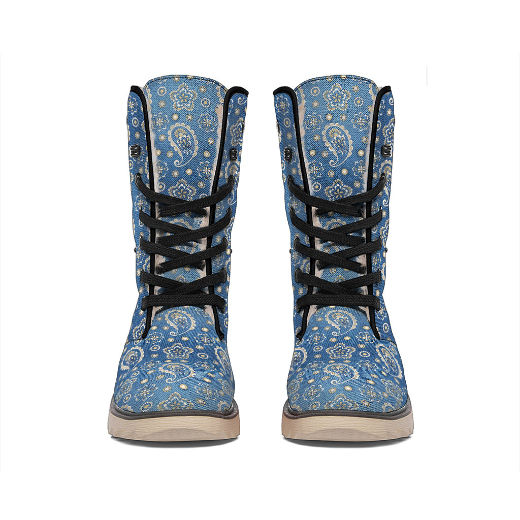 Blue Denim Western Paisley Print Winter Boots