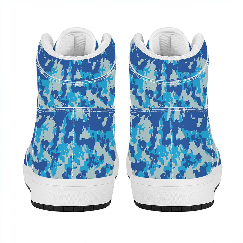 Blue Digital Camo Pattern Print High Top Leather Sneakers