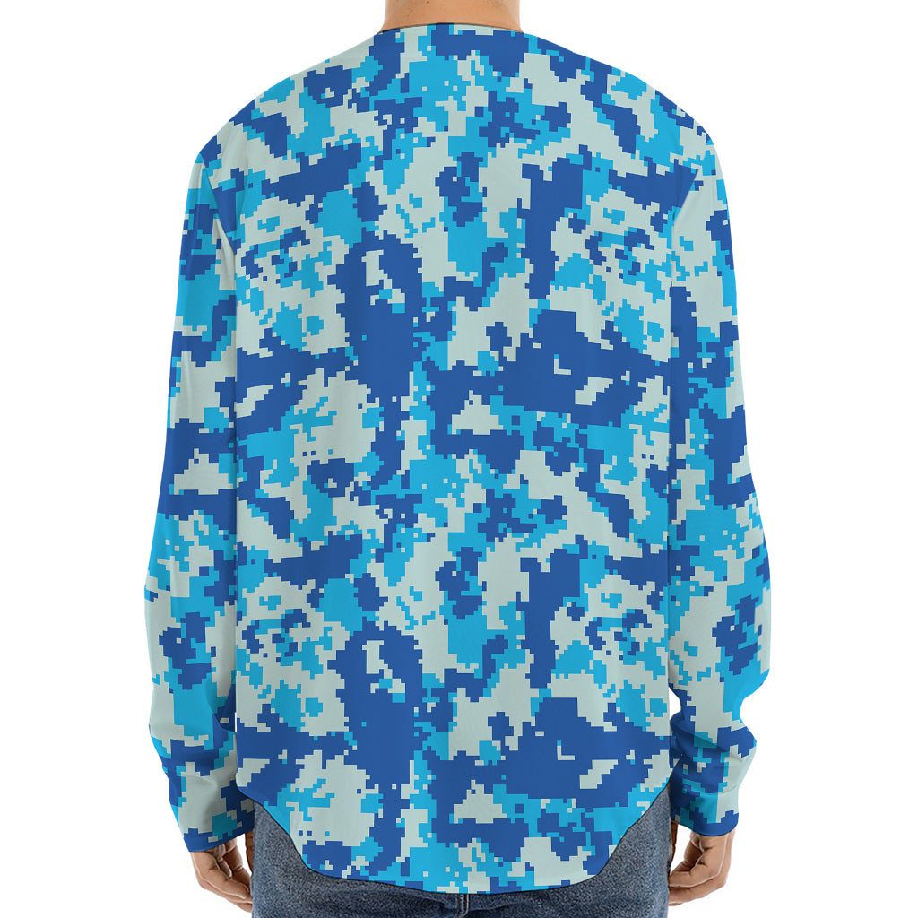 Blue Digital Camo Pattern Print Long Sleeve Baseball Jersey