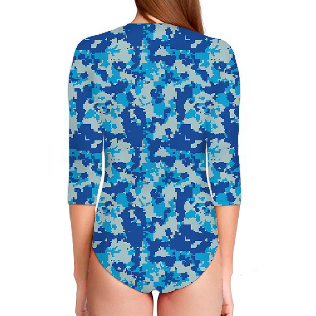 Blue Digital Camo Pattern Print Long Sleeve Swimsuit