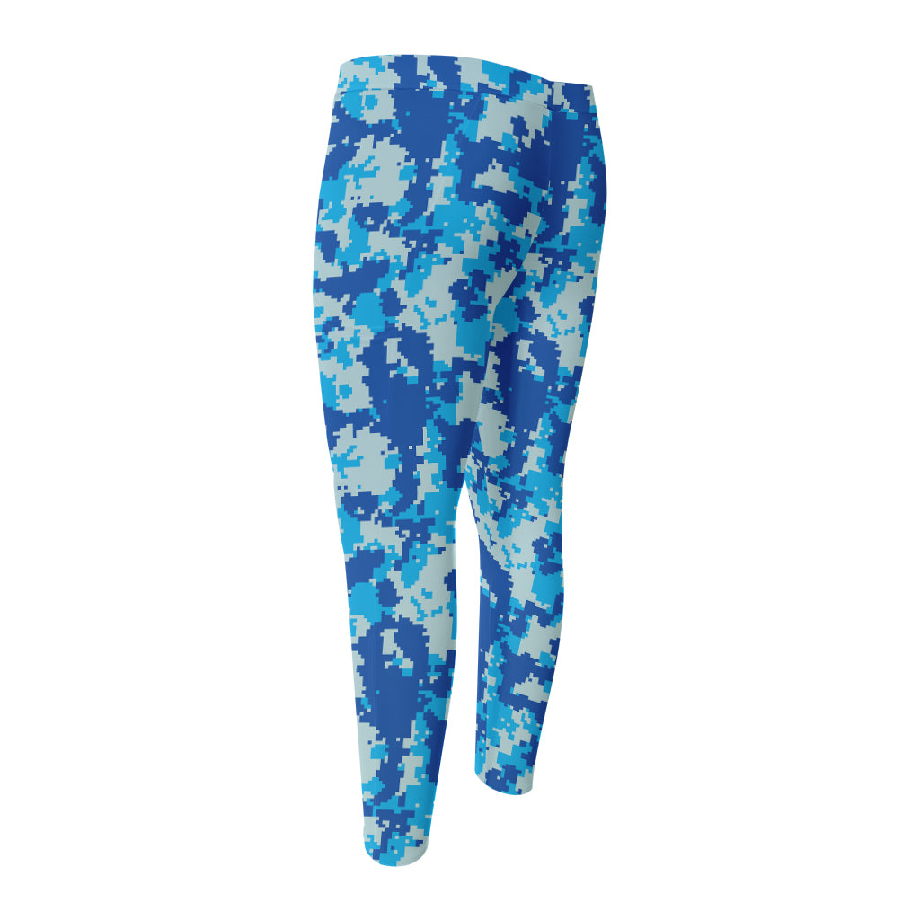 Blue Digital Camo Pattern Print Men's Compression Pants