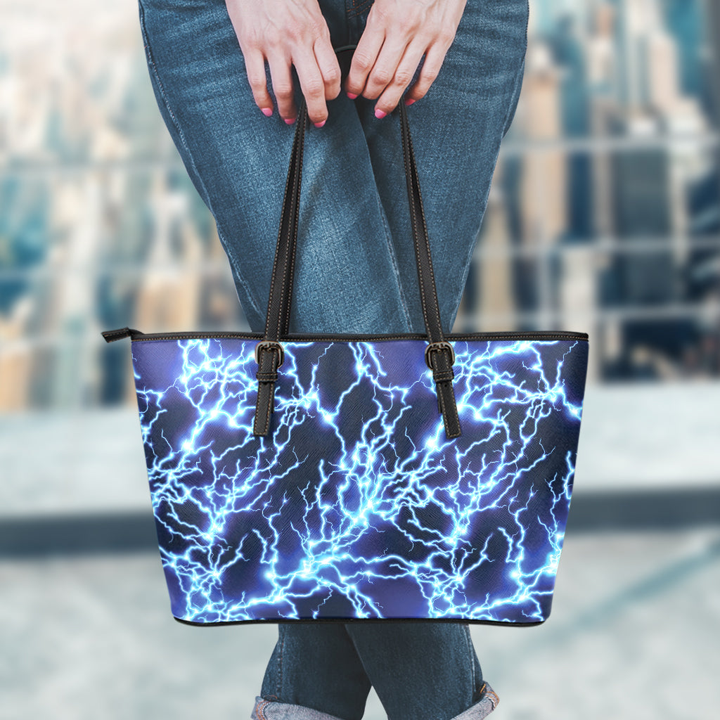 Blue Electric Lightning Print Leather Tote Bag