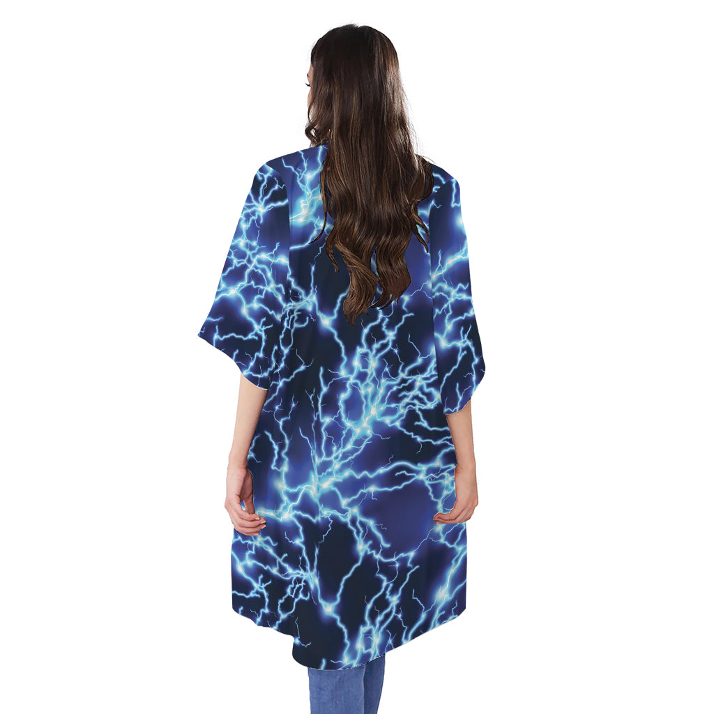Blue Electric Lightning Print Open Front Beach Cover Up