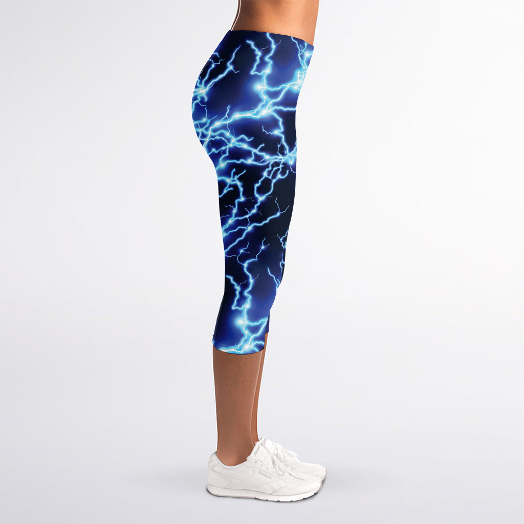 Blue Electric Lightning Print Women's Capri Leggings