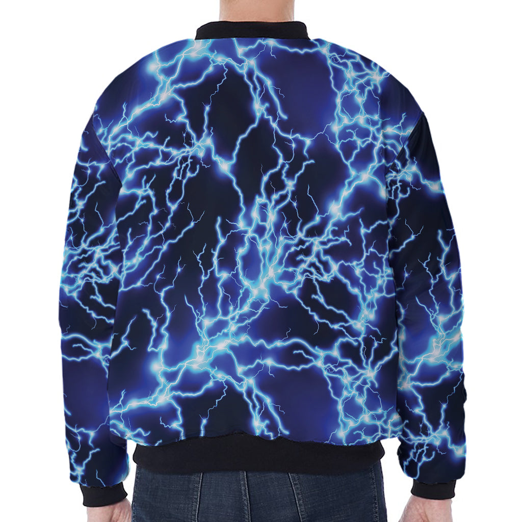 Blue Electric Lightning Print Zip Sleeve Bomber Jacket