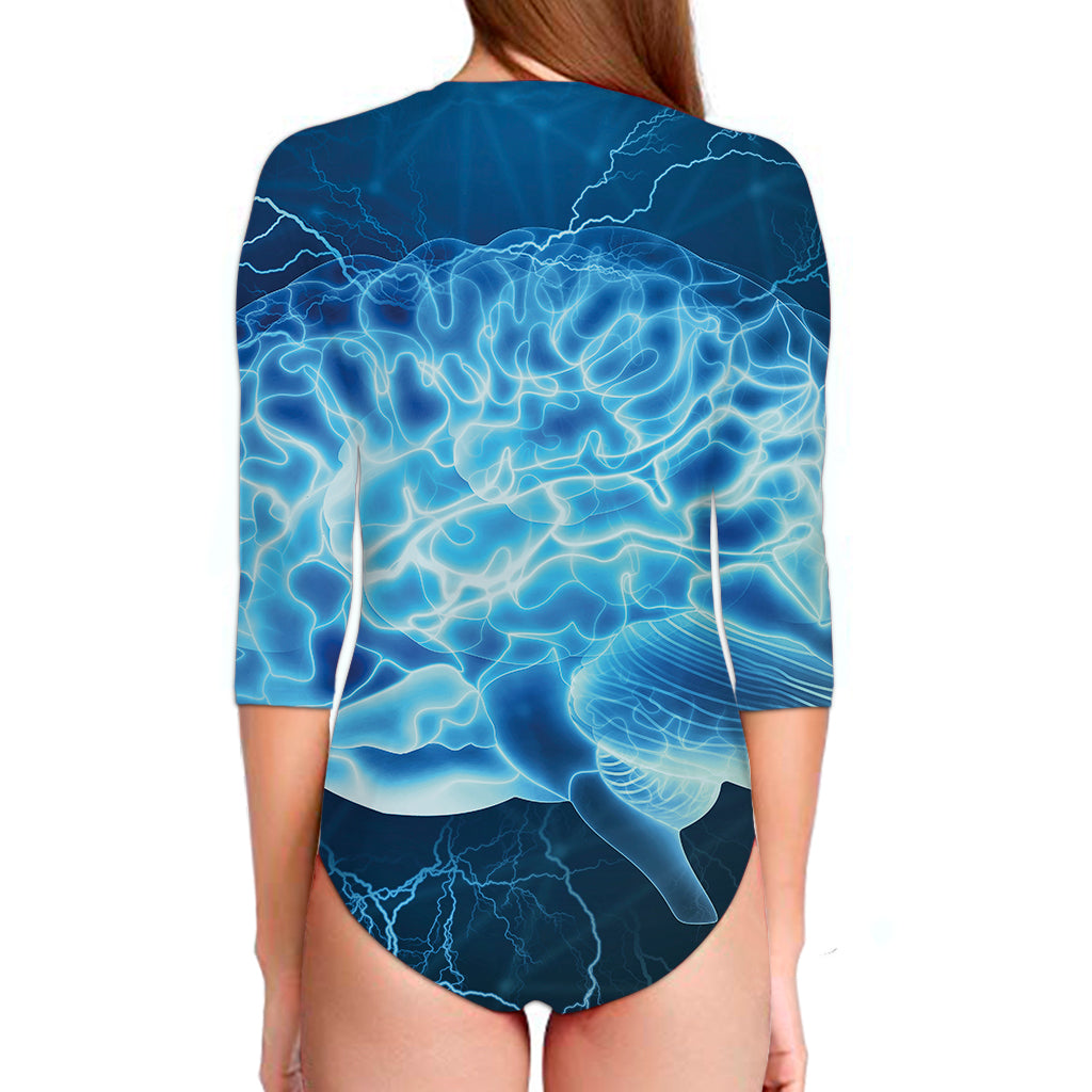 Blue Electrical Brain Activity Print Long Sleeve Swimsuit