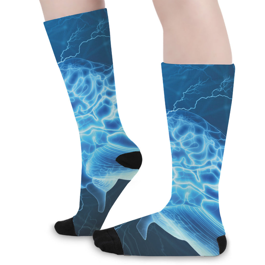 Blue Electrical Brain Activity Print Long Socks