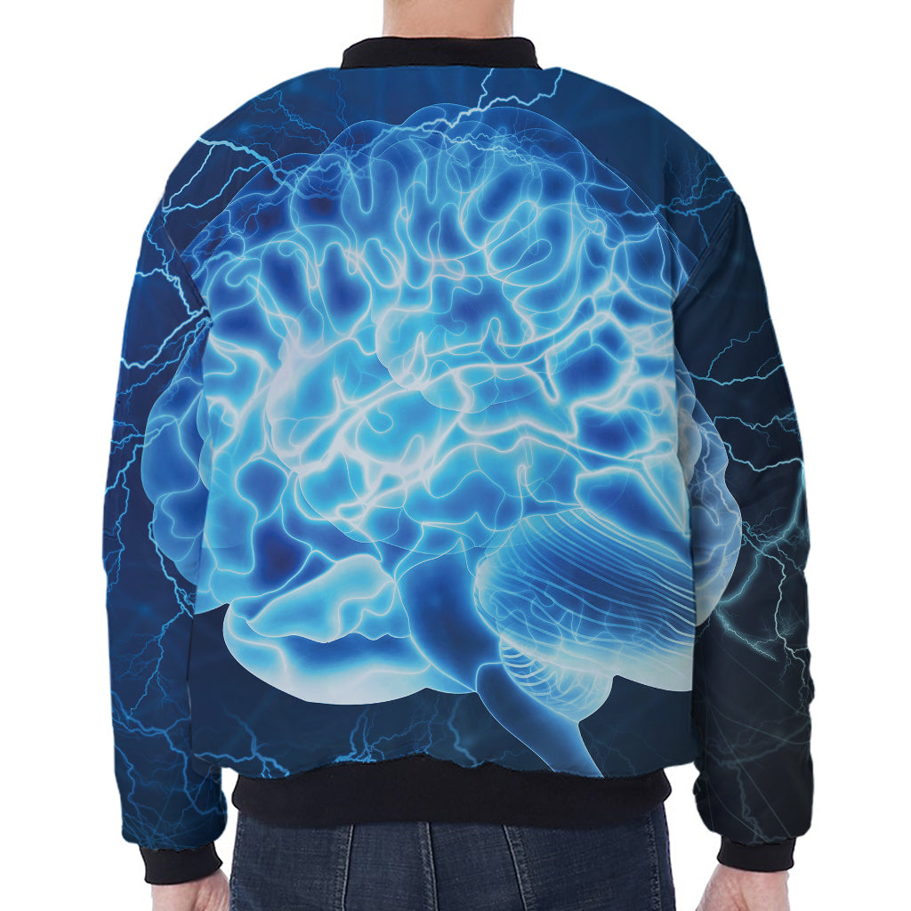 Blue Electrical Brain Activity Print Zip Sleeve Bomber Jacket