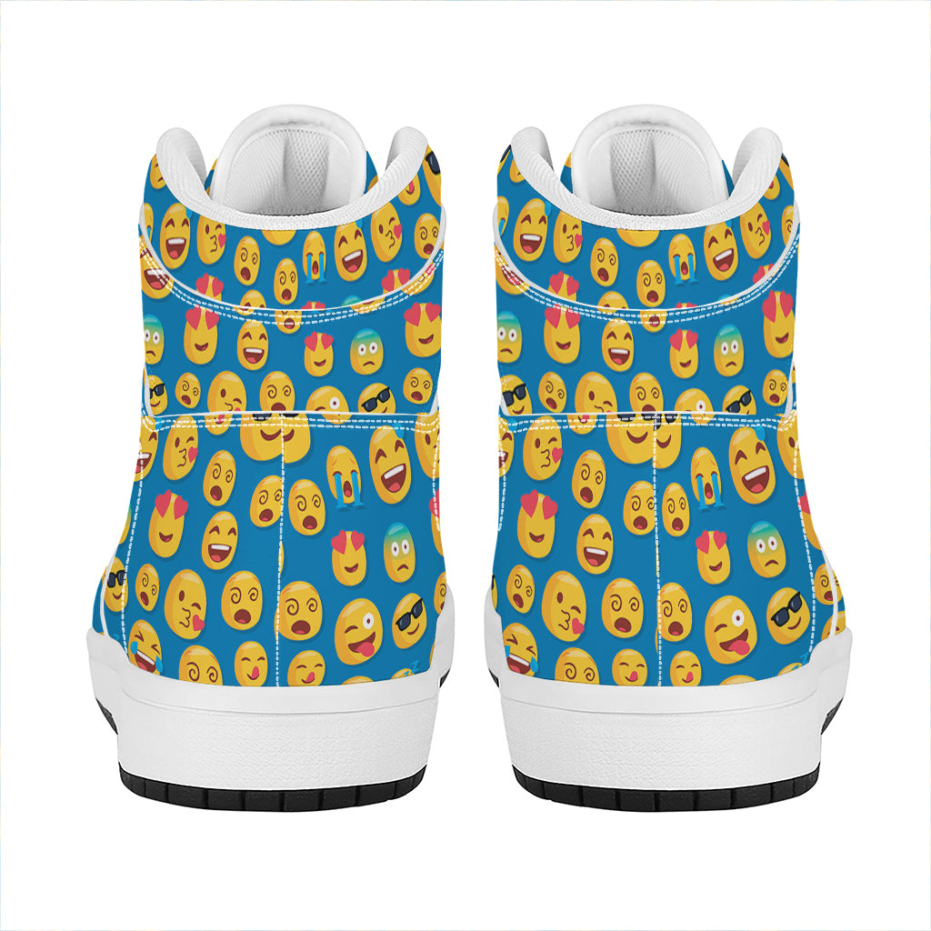 Blue Emoji Pattern Print High Top Leather Sneakers