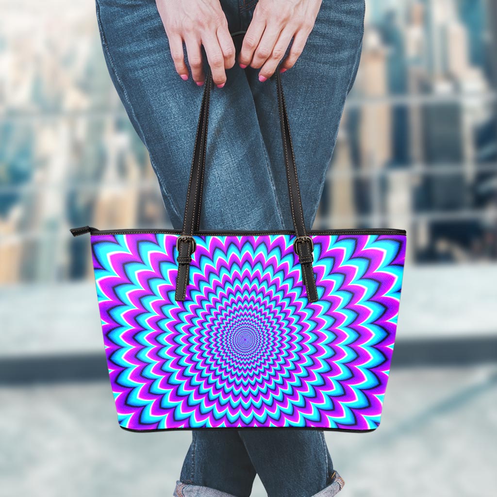 Blue Expansion Moving Optical Illusion Leather Tote Bag