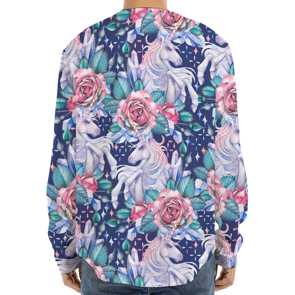 Blue Fairy Rose Unicorn Pattern Print Long Sleeve Baseball Jersey