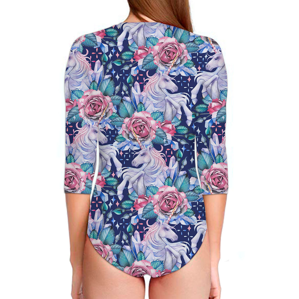 Blue Fairy Rose Unicorn Pattern Print Long Sleeve Swimsuit