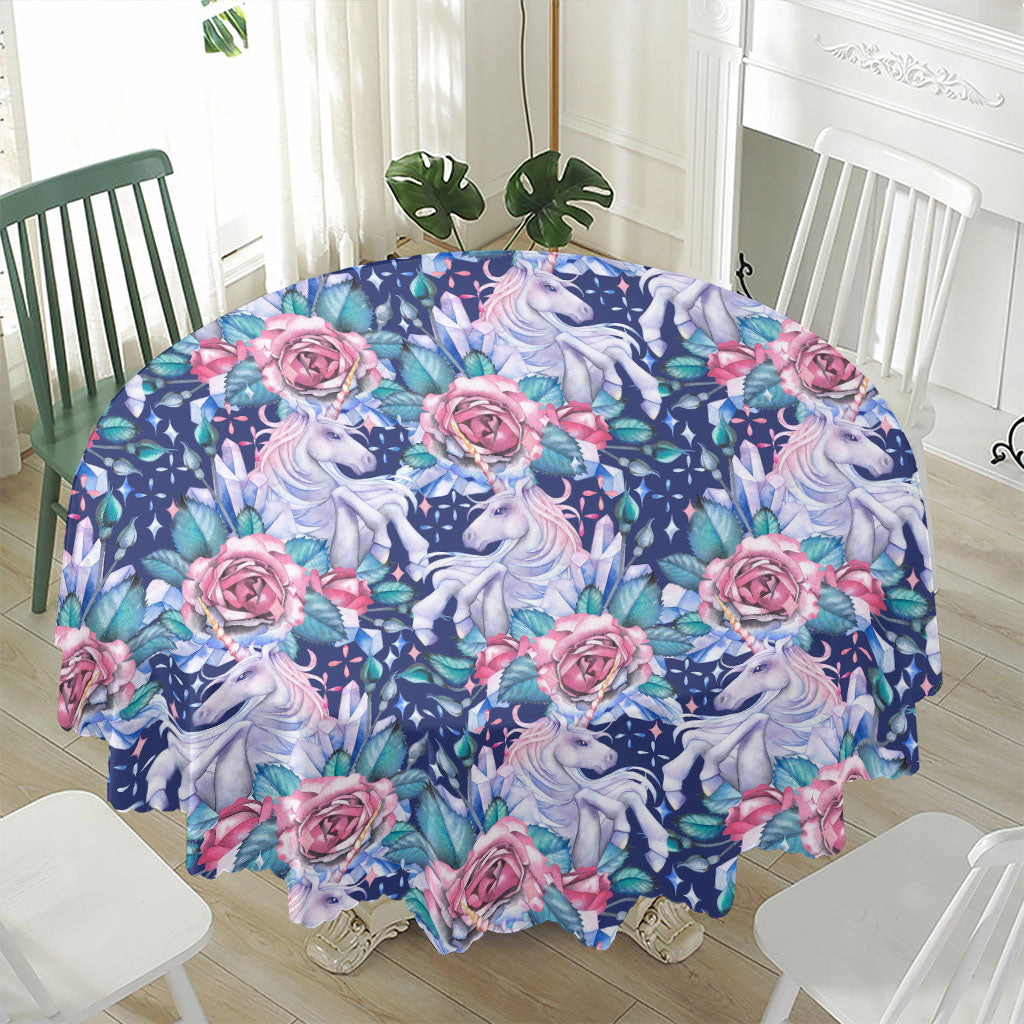Blue Fairy Rose Unicorn Pattern Print Waterproof Round Tablecloth