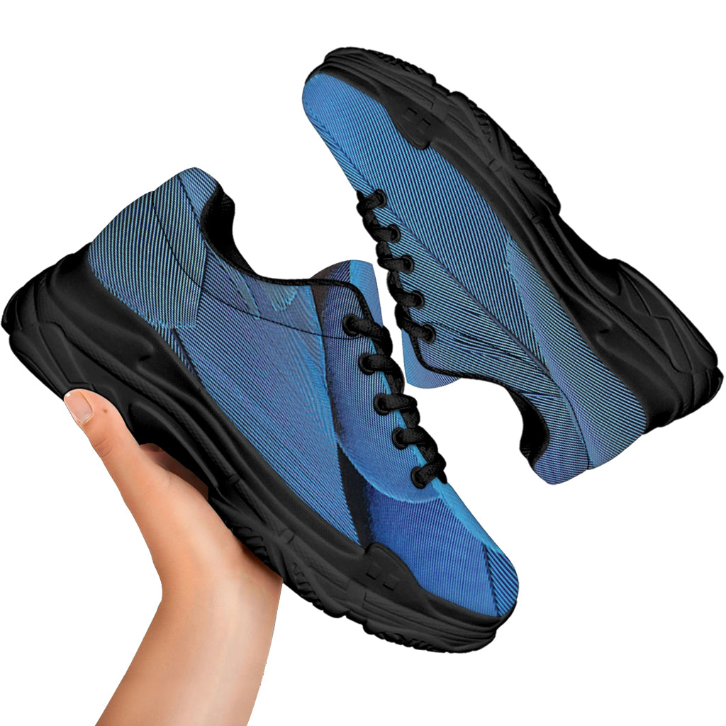Blue Feather Print Black Chunky Shoes