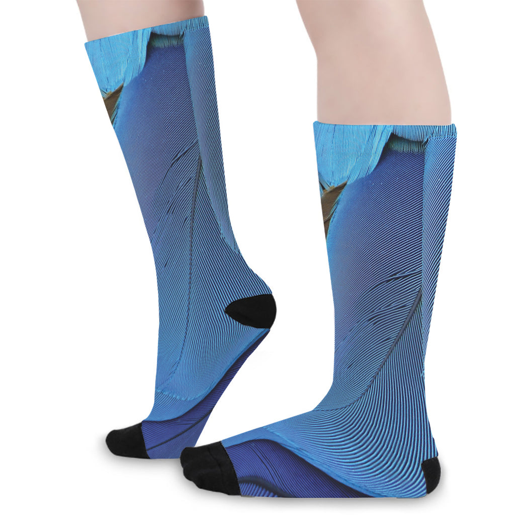 Blue Feather Print Long Socks
