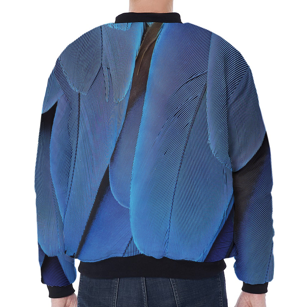 Blue Feather Print Zip Sleeve Bomber Jacket