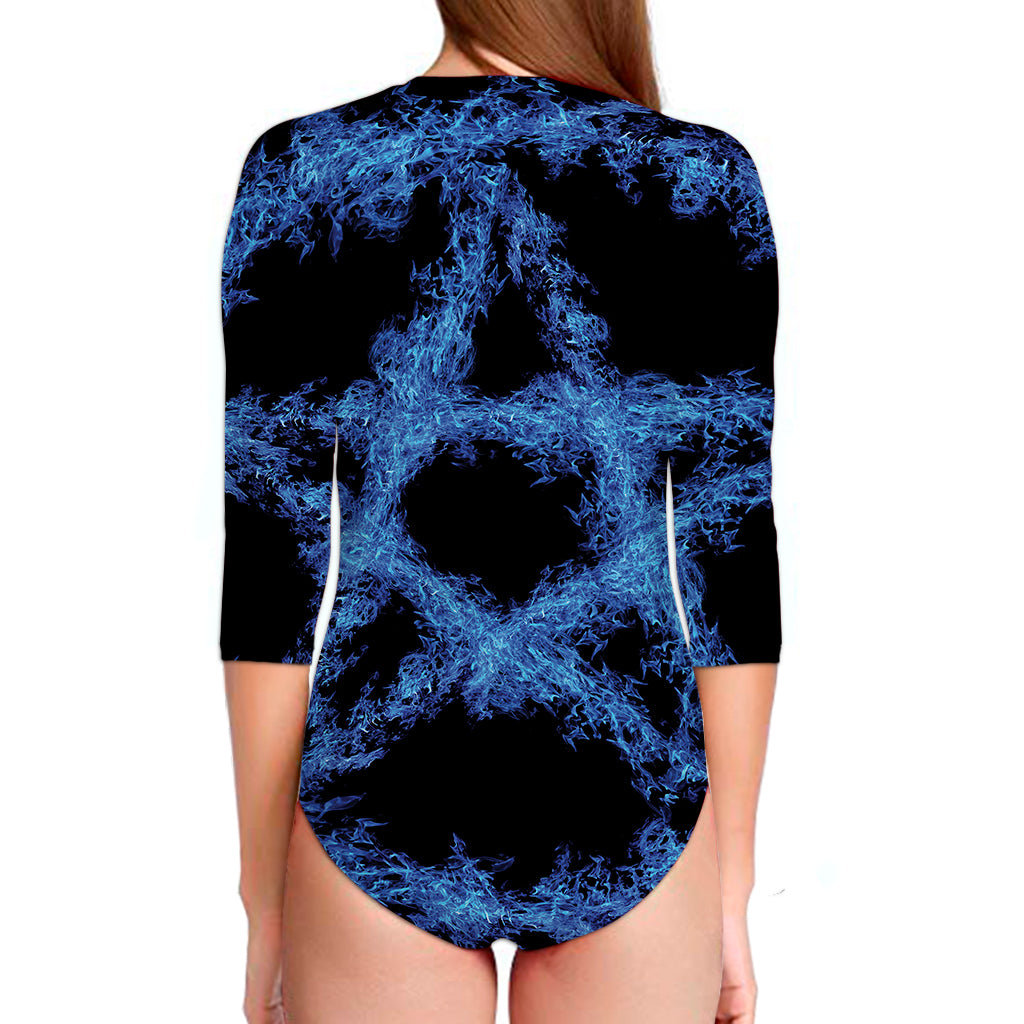 Blue Flame Pentagram Print Long Sleeve Swimsuit