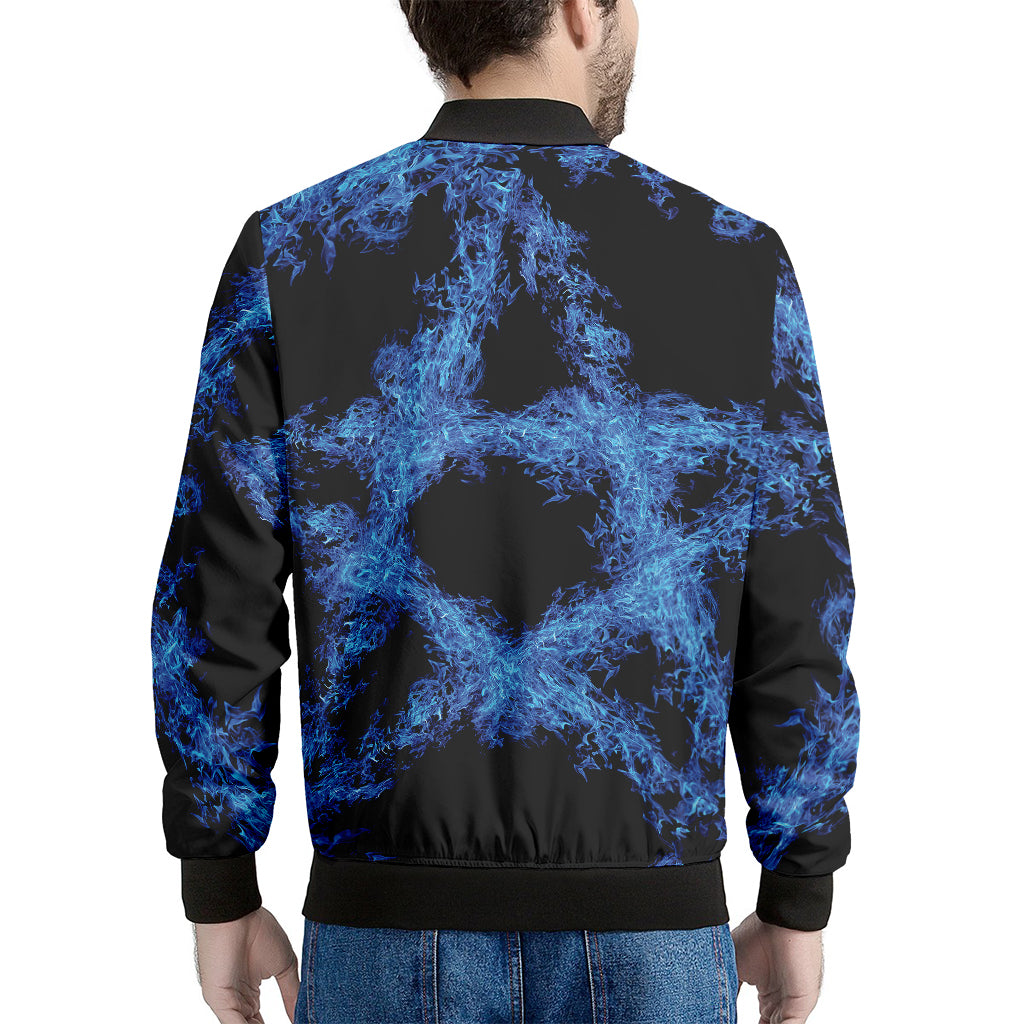 Blue Flame Pentagram Print Men's Bomber Jacket