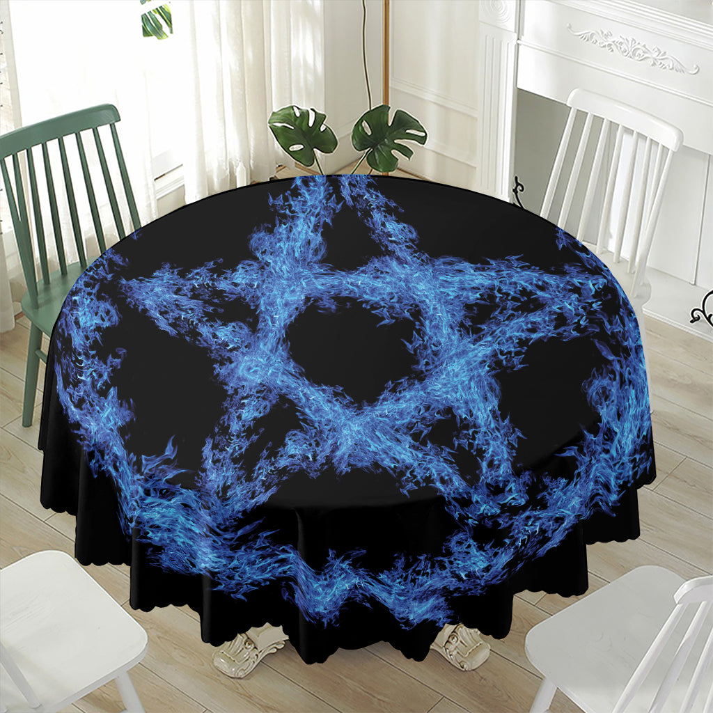Blue Flame Pentagram Print Waterproof Round Tablecloth