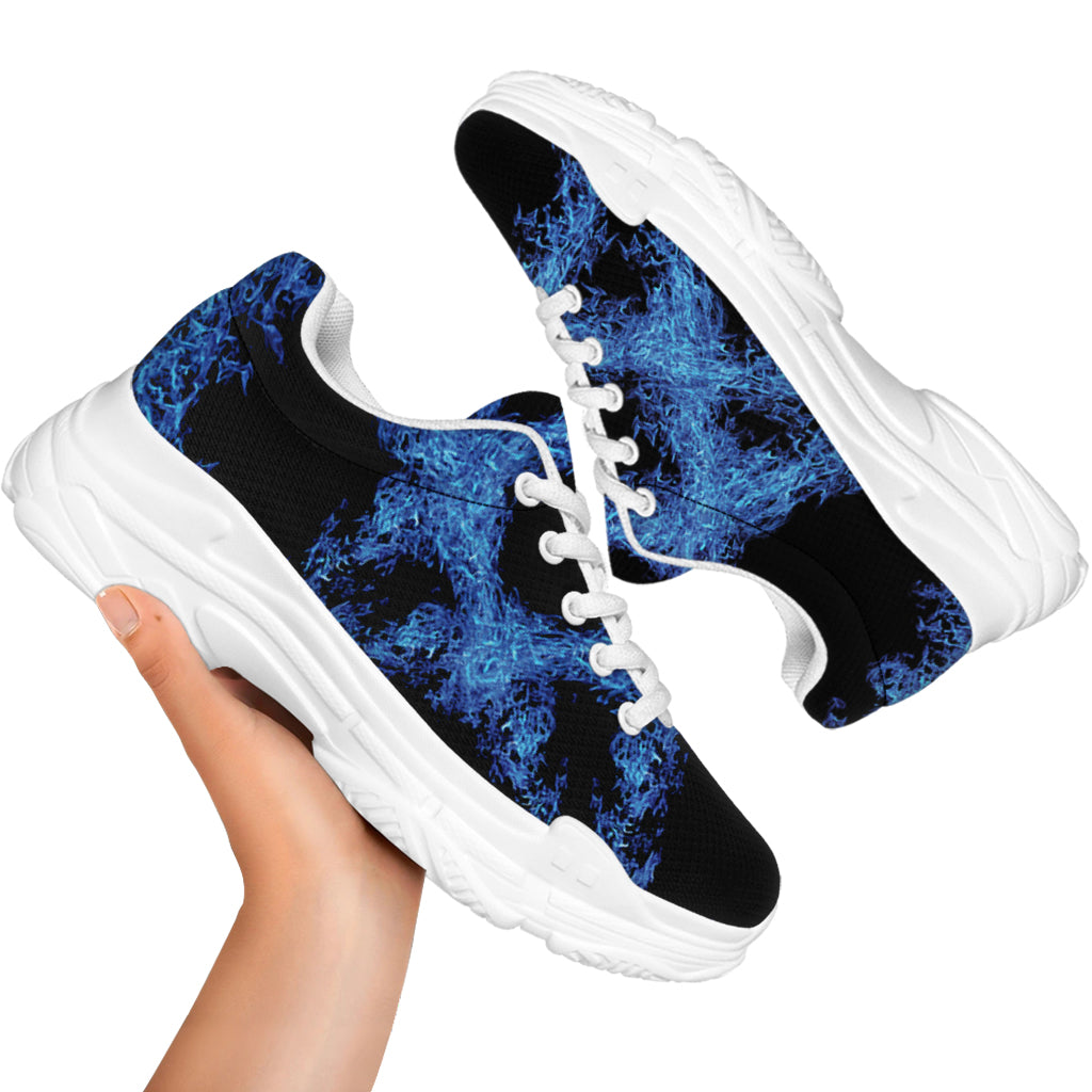 Blue Flame Pentagram Print White Chunky Shoes