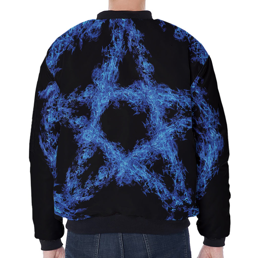 Blue Flame Pentagram Print Zip Sleeve Bomber Jacket
