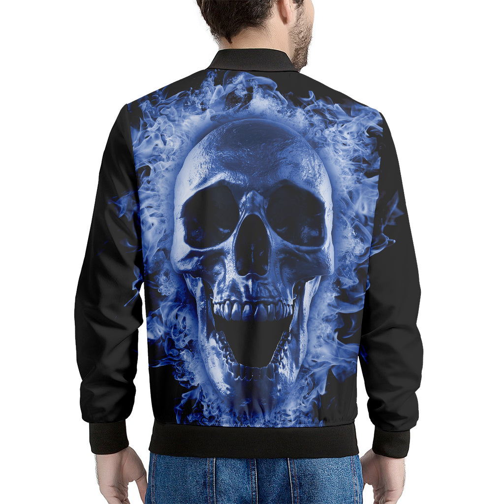 Blue Flaming Skull Print Men's Bomber Jacket