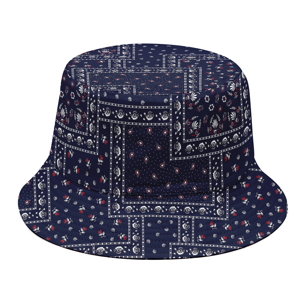 Blue Floral Patchwork Pattern Print Bucket Hat