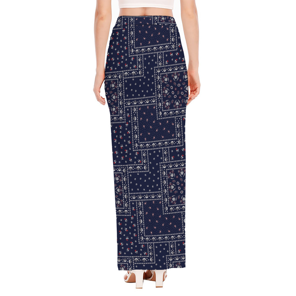 Blue Floral Patchwork Pattern Print High Slit Maxi Skirt
