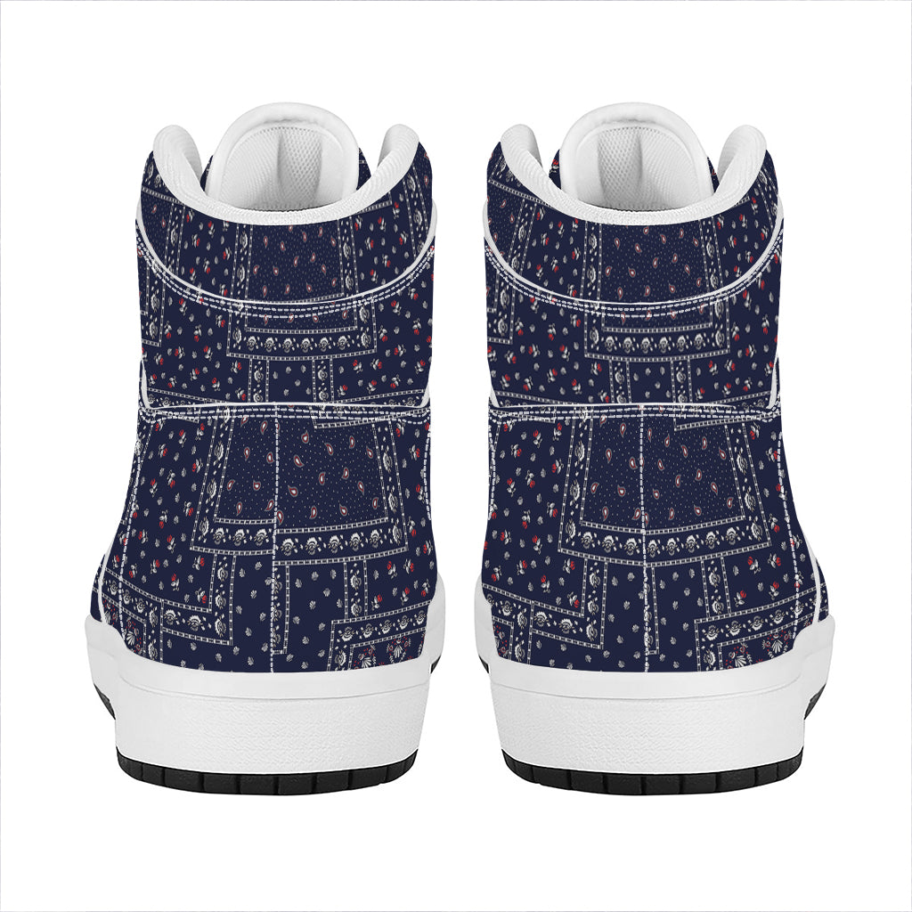 Blue Floral Patchwork Pattern Print High Top Leather Sneakers