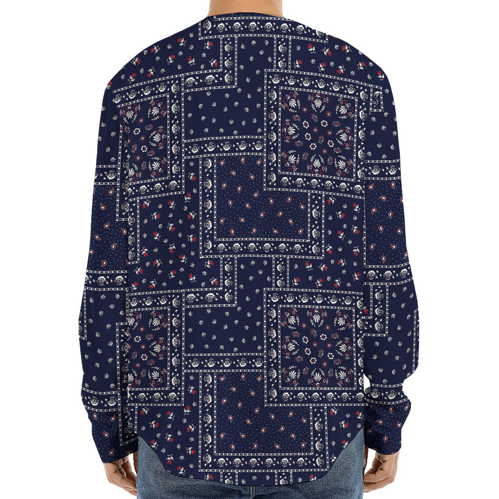 Blue Floral Patchwork Pattern Print Long Sleeve Baseball Jersey