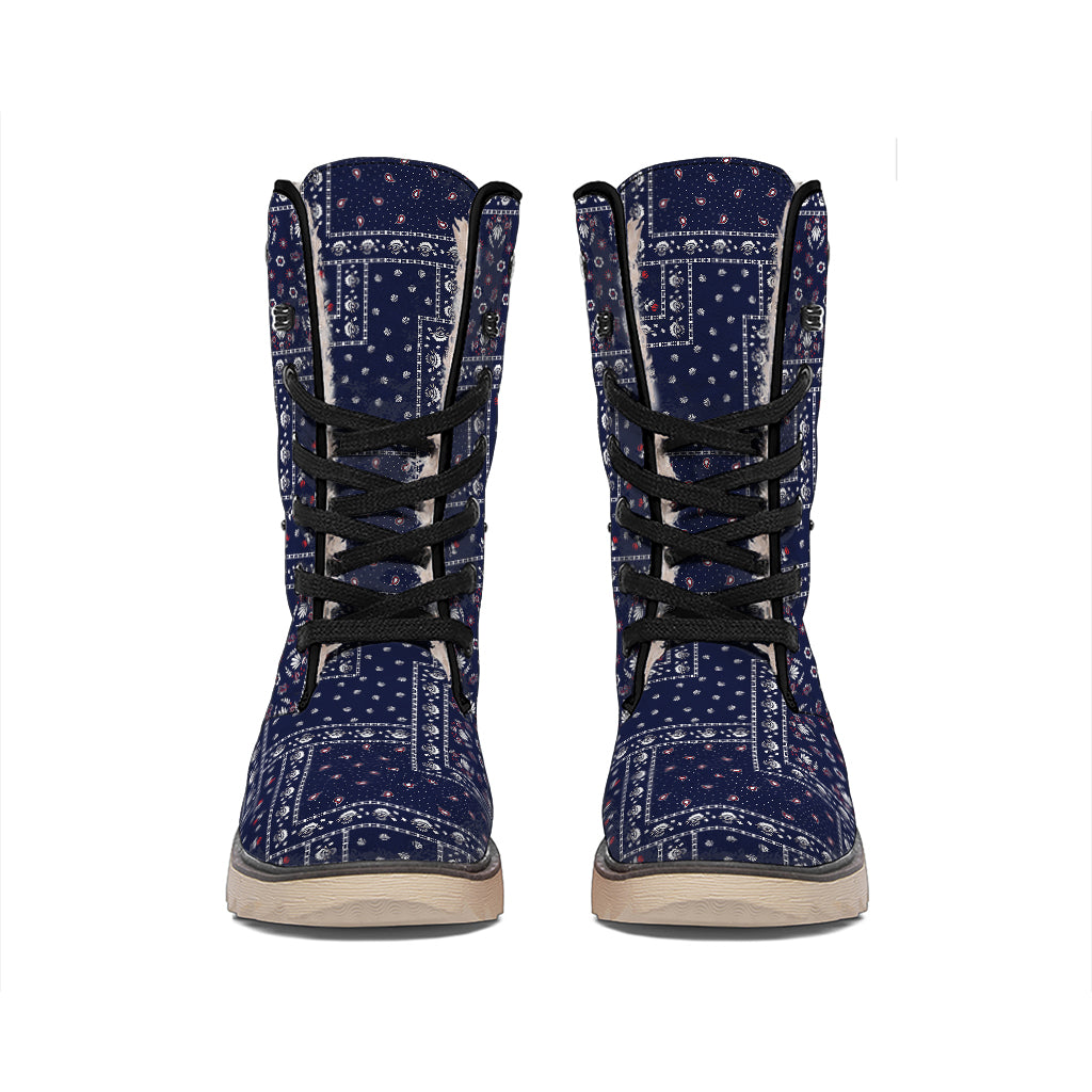 Blue Floral Patchwork Pattern Print Winter Boots