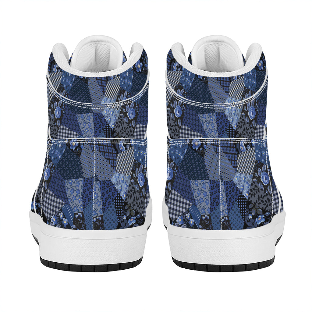 Blue Flower Patchwork Pattern Print High Top Leather Sneakers