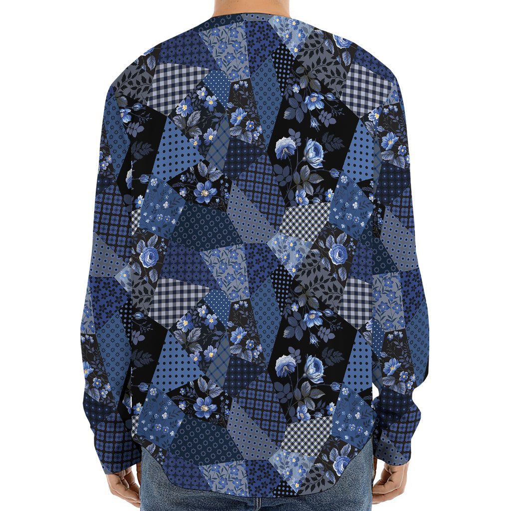 Blue Flower Patchwork Pattern Print Long Sleeve Baseball Jersey
