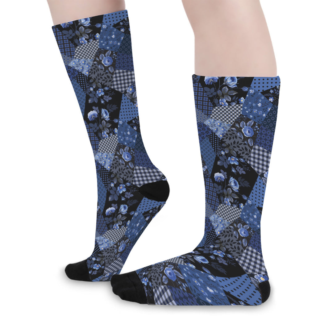 Blue Flower Patchwork Pattern Print Long Socks