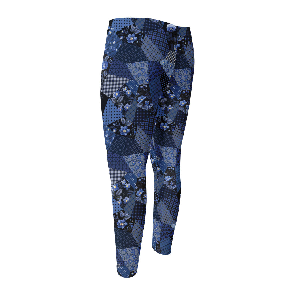 Blue Flower Patchwork Pattern Print Men's Compression Pants