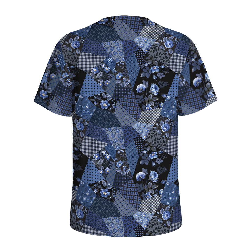 Blue Flower Patchwork Pattern Print Men's Sports T-Shirt