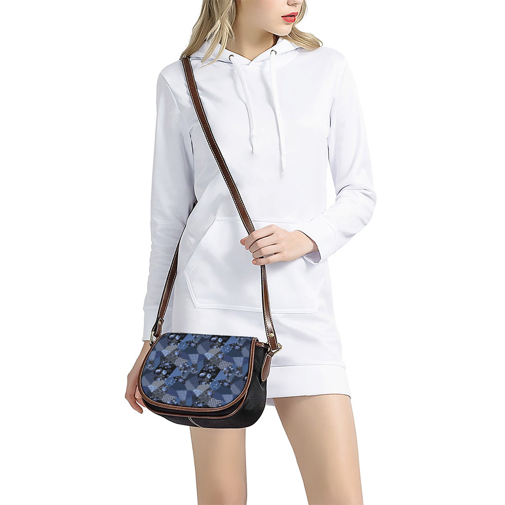 Blue Flower Patchwork Pattern Print Saddle Bag