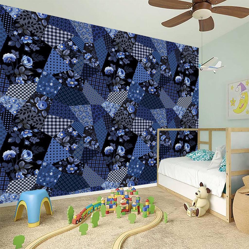 Blue Flower Patchwork Pattern Print Wall Sticker